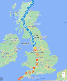 Map showing routes taken by John on his epic cycle ride and David on his marathon walk