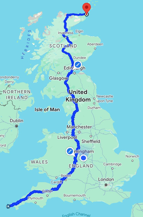Map of the UK showing route taken by epic cycle of CLL Support Trustee John Greensmyth